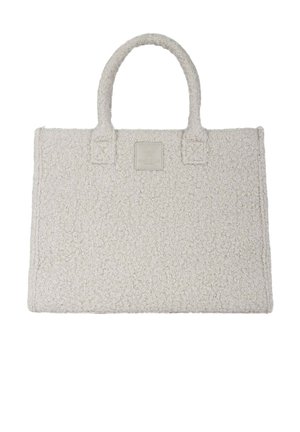 Borsa a tracolla color avorio realizzata in materiale testurizzato con due manici e una patch logo quadrata sul davanti. Forma rettangolare, aspetto morbido.