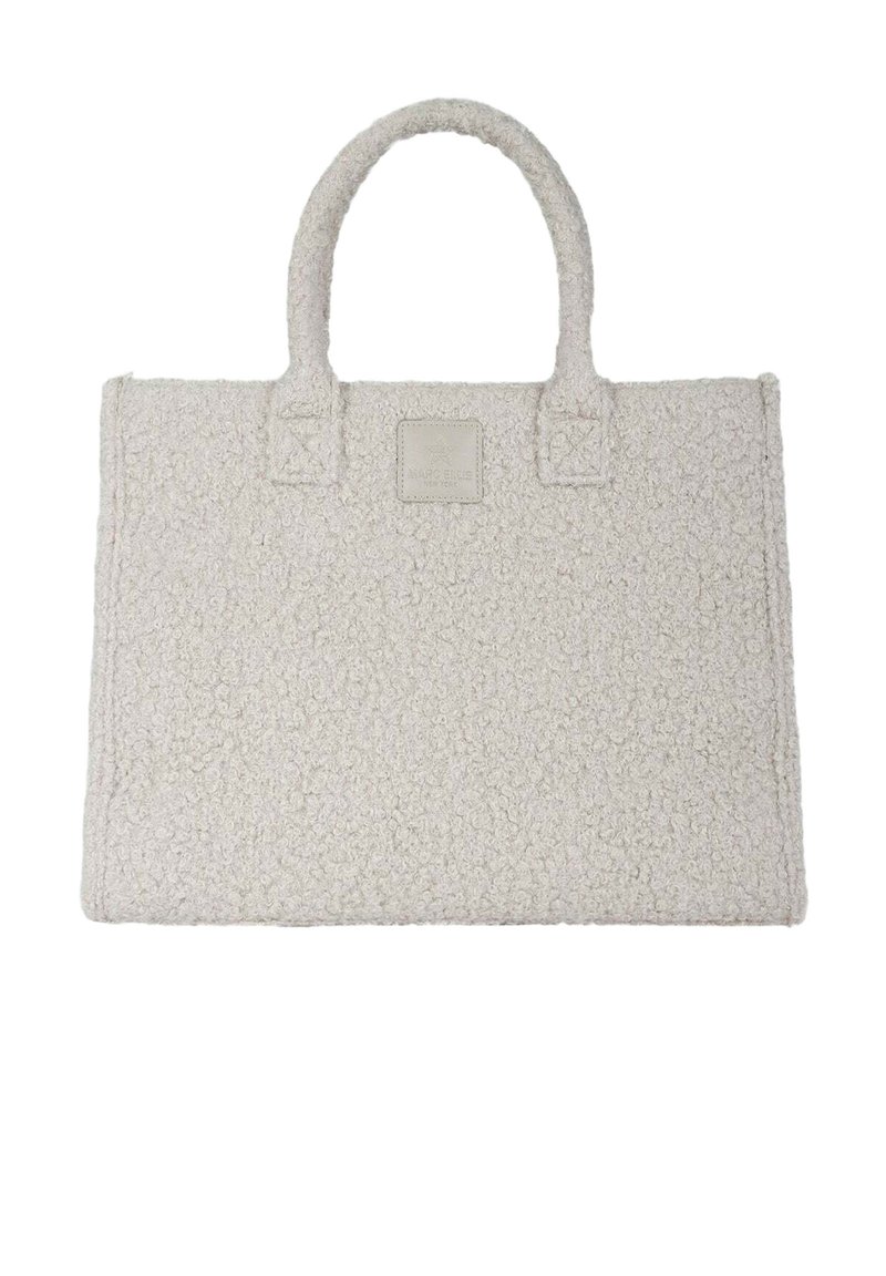 Borsa a tracolla color avorio realizzata in materiale testurizzato con due manici e una patch logo quadrata sul davanti. Forma rettangolare, aspetto morbido.