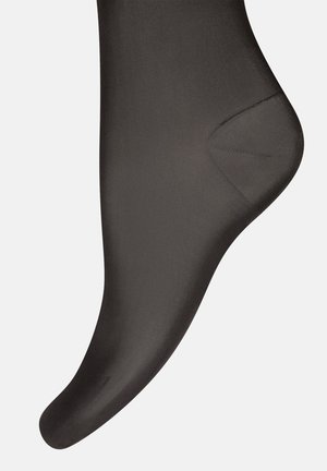 Calzino in nylon nero con superficie liscia, forma aderente e tallone rinforzato. Presenta una leggera lucentezza e una punta arrotondata.