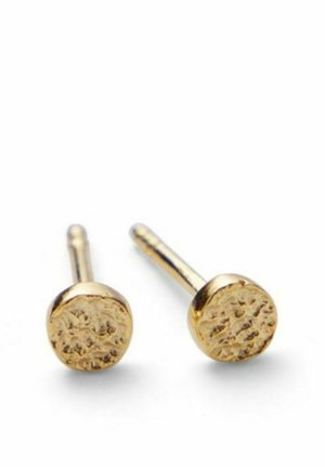 Pereche de cercei mici din aur cu fețe rotunde texturate pe fundal alb.