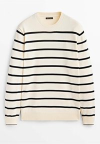 Cremfarbener Pullover mit schwarzen horizontalen Streifen, rundem Ausschnitt, gerippten Bündchen und Saum, gefertigt aus einem weichen Strickmaterial.