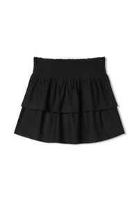 Gonna nera a strati realizzata in tessuto testurizzato con motivo a occhiello, dotata di una fascia in smock in vita e strati morbidi e arricciati.