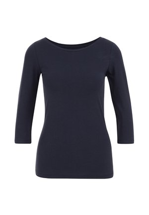 Maglietta in cotone a maniche lunghe di colore blu navy con scollo ampio e silhouette aderente; texture liscia con un design semplice, senza motivi o accenti.