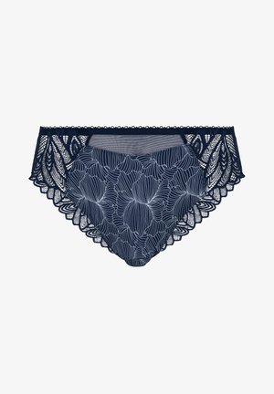 Navyblaue Spitzenunterwäsche mit Blumenmuster auf der Vorderseite und kunstvoll gezackten Spitzenrändern.