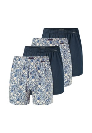 Vier Paar Herren-Shorts: zwei mit blau-weißem Muster, zwei einfarbig marineblau; elastische Bündchen, leichter Stoff.