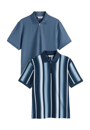 Two short-sleeve polo shirts in ribbed fabric, one solid blue and one with vertical blue and white stripes, both with front zippers.