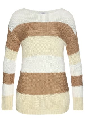 Knit sweater with a boat neckline and long sleeves. Features horizontal stripes in cream, beige, and light brown. Soft, textured fabric.