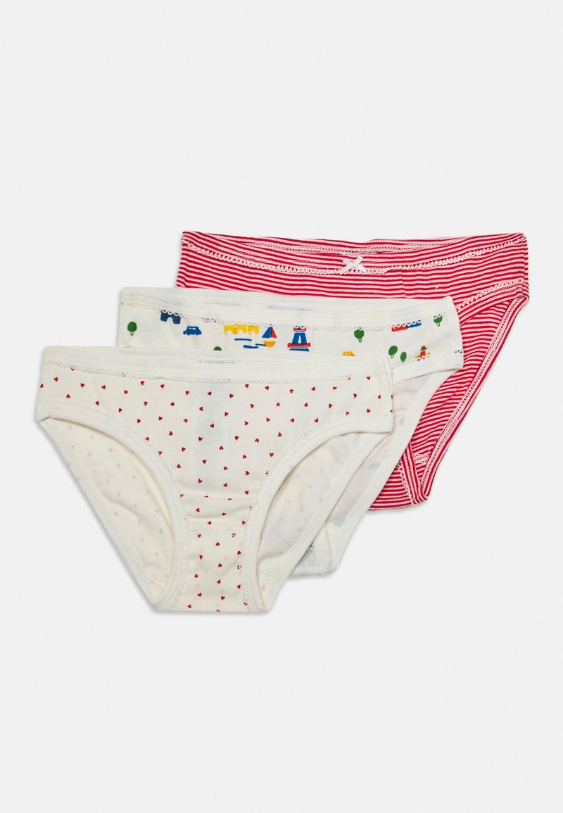 Three pairs of children's cotton briefs in red stripes, white with small red hearts, and white with colorful prints of vehicles and landmarks.