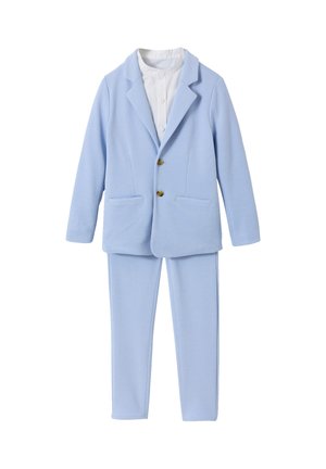 Light blue tailored suit with matching blazer and pants, paired with a white button-up shirt underneath.