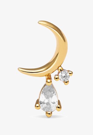 Náušnica v tvare zlatého polmesiaca s akcentmi v podobe slzy a hviezdičky z čírych drahokamov. Hladký, lesklý povrch. Elegantný a moderný dizajn.