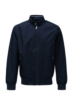 Giacca blu navy in tessuto liscio con colletto alto, zip frontale e tasche laterali; presenta polsini e vita a coste.