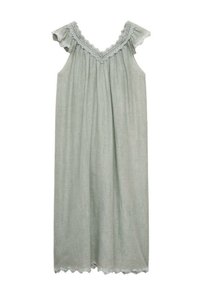 Camicia da notte in lino verde chiaro con pizzo, maniche a sbuffo e scollatura a V. Presenta una silhouette ampia e fluida.