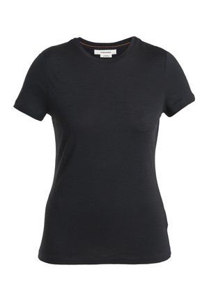 Schwarzes T-Shirt mit kurzen Ärmeln aus weichem Stoff. Verfügt über einen klassischen Rundhalsausschnitt mit orangefarbenen Nähten und einer taillierten Form.