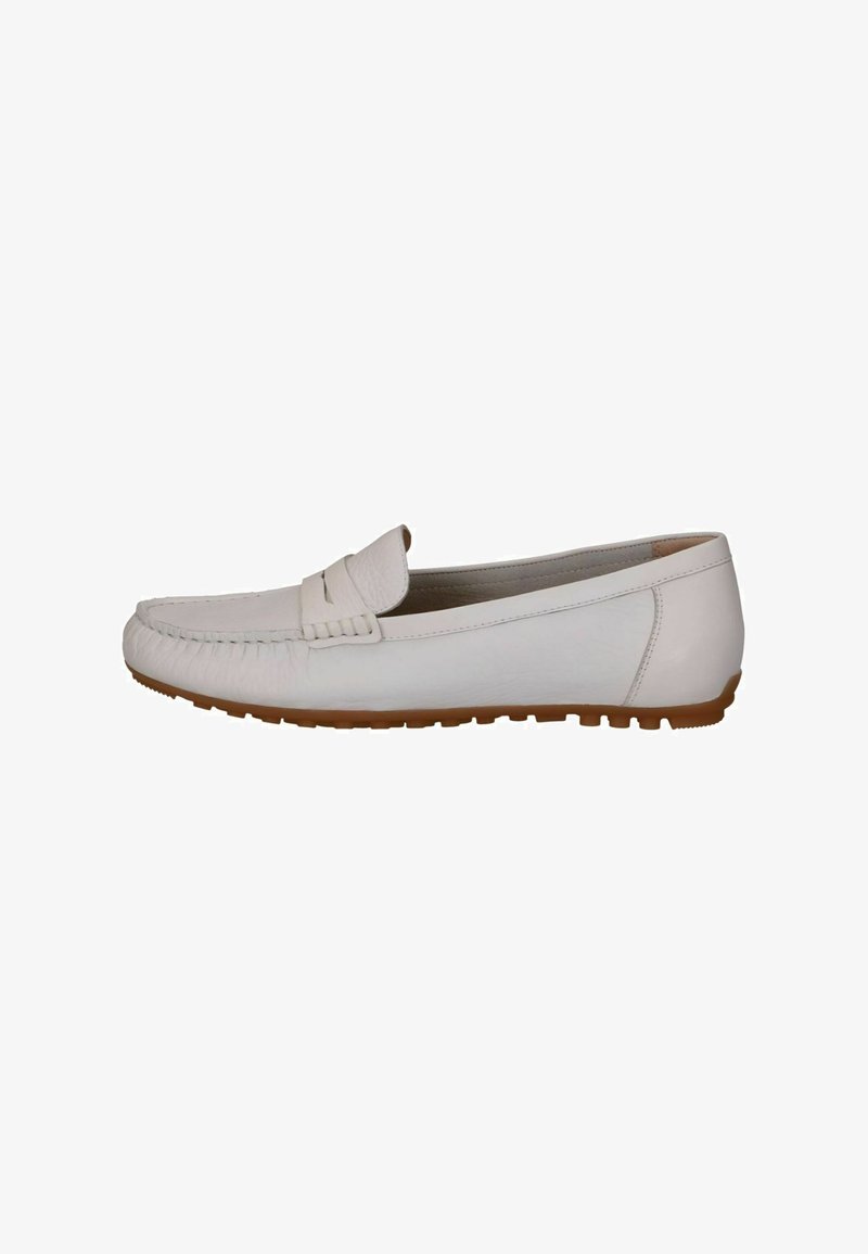 White leather loafers with a stitched moccasin toe, textured band, and rubber sole featuring small protrusions for grip.