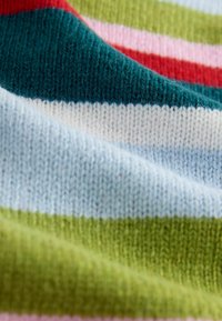 Knit fabric with horizontal stripes in teal, green, pink, and blue. Texture is soft with a ribbed finish, displaying varied color bands.