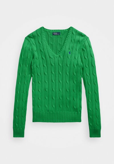 Green knitted sweater with a V-neck, featuring cable-knit texture, ribbed cuffs and hem, and an embroidered logo on the left chest.