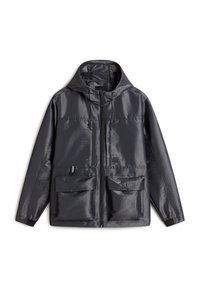 Veste à capuche noire avec fermeture éclair, deux poches avant à rabat, cordons de serrage réglables, poignets élastiques et logo Vans discret sur la poitrine.