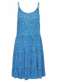 Blå blommig klänning med tunna axelband, rund halsringning och lager-på-lager kjol. Tillverkad av lätt tyg med små vita blommönster.