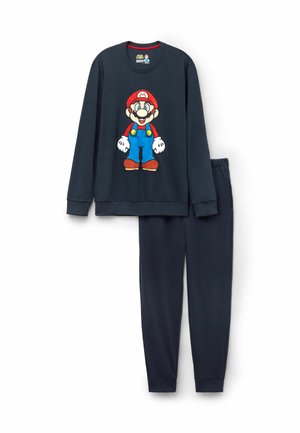 Sudadera azul marino y pantalones a juego con un gran gráfico de un personaje de dibujos animados con gorro rojo y overoles azules. Material suave.