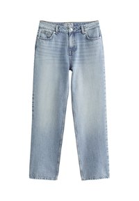 Jeans de mezclilla azul claro con un diseño de pierna recta, cintura alta y un ligero desvanecimiento. Cuentan con un cierre de botón y un estilo clásico de cinco bolsillos.