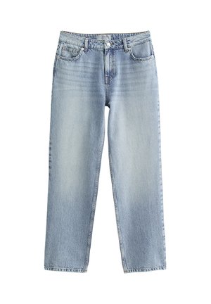 Ljusblå denimjeans med rak bendesign, hög midja och subtila blekningseffekter. Har en knappstängning och standard femfickarsdesign.