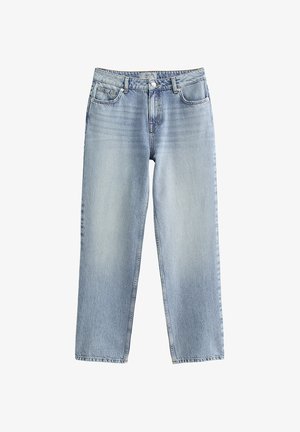 Jean en denim bleu clair avec une coupe droite, taille haute et décoloration subtile. Se ferme par un bouton et présente une coupe classique à cinq poches.