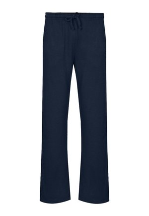 Pantaloni della tuta blu navy realizzati in tessuto morbido, con cintura elastica e cordino, gambe dritte e senza motivi o dettagli visibili.