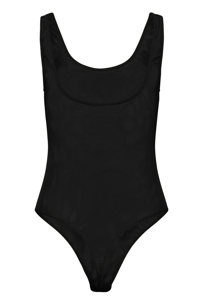 Black one-piece swimsuit with scoop neckline and high-cut legs, designed for a streamlined fit.