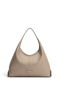 Beige Ledertasche im Hobo-Stil mit einer weichen, strukturierten Oberfläche, einem einzelnen, geschwungenen Tragegurt und einem rechteckigen Logo-Detail auf der Vorderseite.