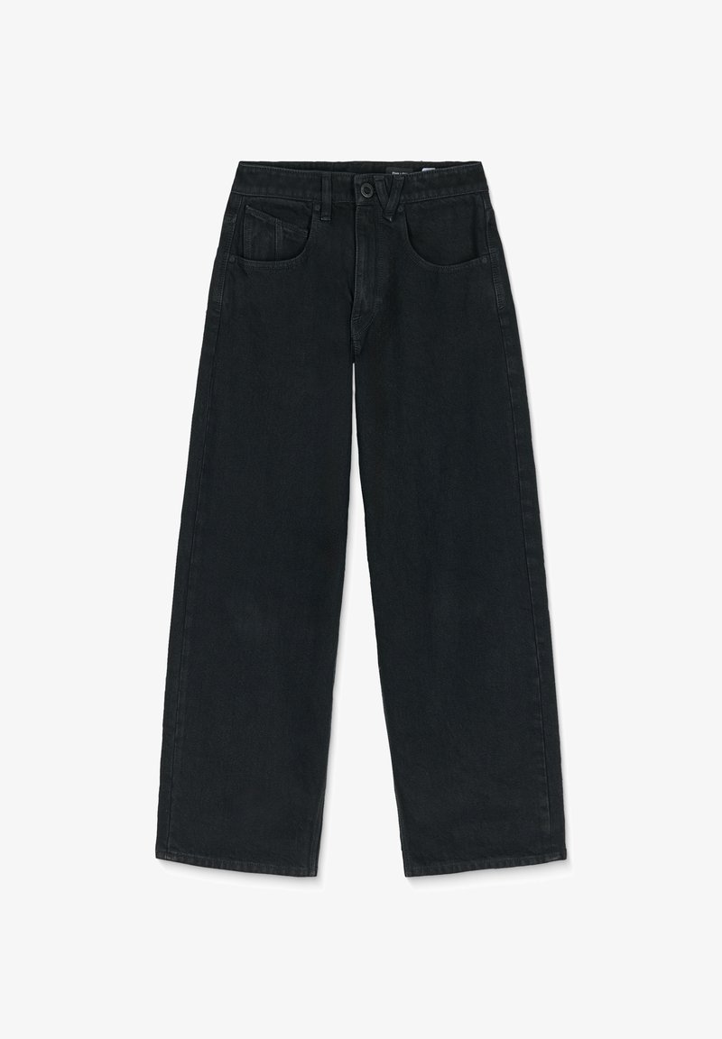 Jean en denim noir à jambes larges avec une taille haute, design à cinq poches et une texture légèrement décolorée. Tissu durable, lignes épurées et aucune décoration visible.