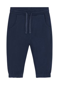 Dunkelblaue Jogginghosen aus einem weichen Baumwoll-Mischgewebe, mit einem elastischen Bund und einem Kordelzug, Seitentaschen und elastischen Bündchen.