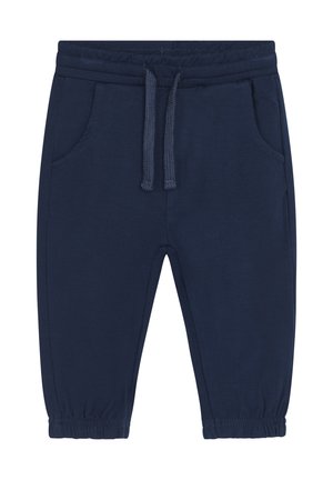 Pantaloni tuta blu navy realizzati in morbido misto cotone, dotati di una vita elasticizzata con cordino, tasche laterali e polsini elasticizzati.