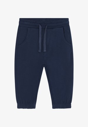 Dunkelblaue Jogginghosen aus einem weichen Baumwoll-Mischgewebe, mit einem elastischen Bund und einem Kordelzug, Seitentaschen und elastischen Bündchen.