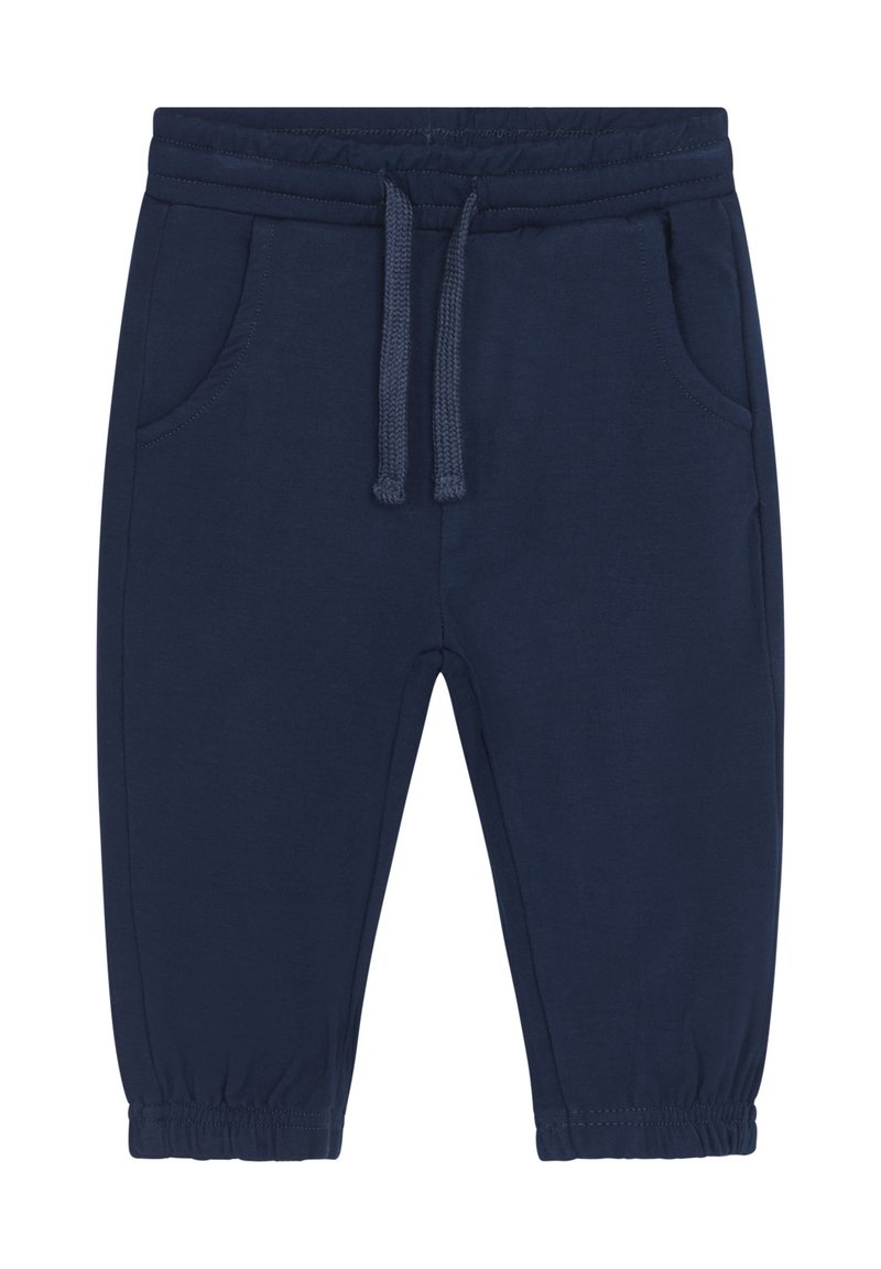 Dunkelblaue Jogginghosen aus einem weichen Baumwoll-Mischgewebe, mit einem elastischen Bund und einem Kordelzug, Seitentaschen und elastischen Bündchen.