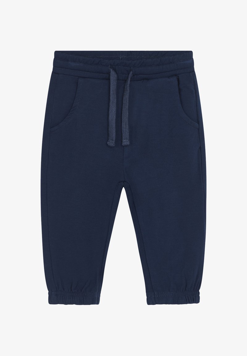 Dunkelblaue Jogginghosen aus einem weichen Baumwoll-Mischgewebe, mit einem elastischen Bund und einem Kordelzug, Seitentaschen und elastischen Bündchen.