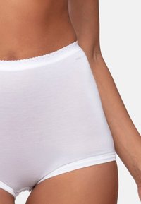 High-waisted, white cotton brief with smooth texture and scalloped lace trim at the waist. No visible seams or patterns.
