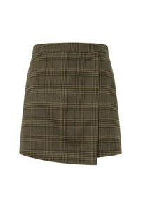 Green plaid skirt with a wrap design, featuring a straight hem, and a textured fabric with dark and light check patterns.