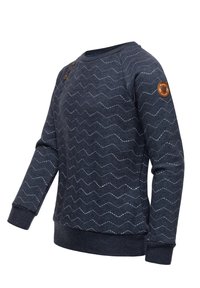 Felpa blu scuro con un motivo a zigzag texturizzato, scollo ovale, tre bottoni decorativi in legno sulla spalla e polsini a costine.