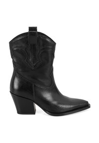 Schwarze Leder-Cowboy-Stiefel mit spitzem Zehen und gestapeltem Absatz. Verfügt über ein geprägtes Design und eine Zuglasche an der Rückseite für einen leichteren An- und Ausstieg.