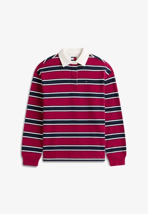 Red and navy striped long-sleeve polo shirt with a white collar, featuring a logo on the chest and ribbed cuffs. Smooth cotton material.