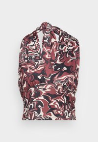 Blusa com padrão de mármore nas cores burgundy, preto e creme. Apresenta um design de halter neck e uma cintura elástica para uma silhueta ajustada.