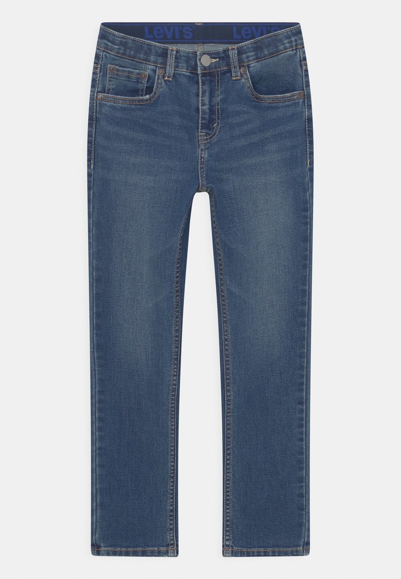 Levi's blå denimjeans med lige snit, fem-lommer design, frontknaplukning og kontrastsyning. Glat tekstur, medium vask.