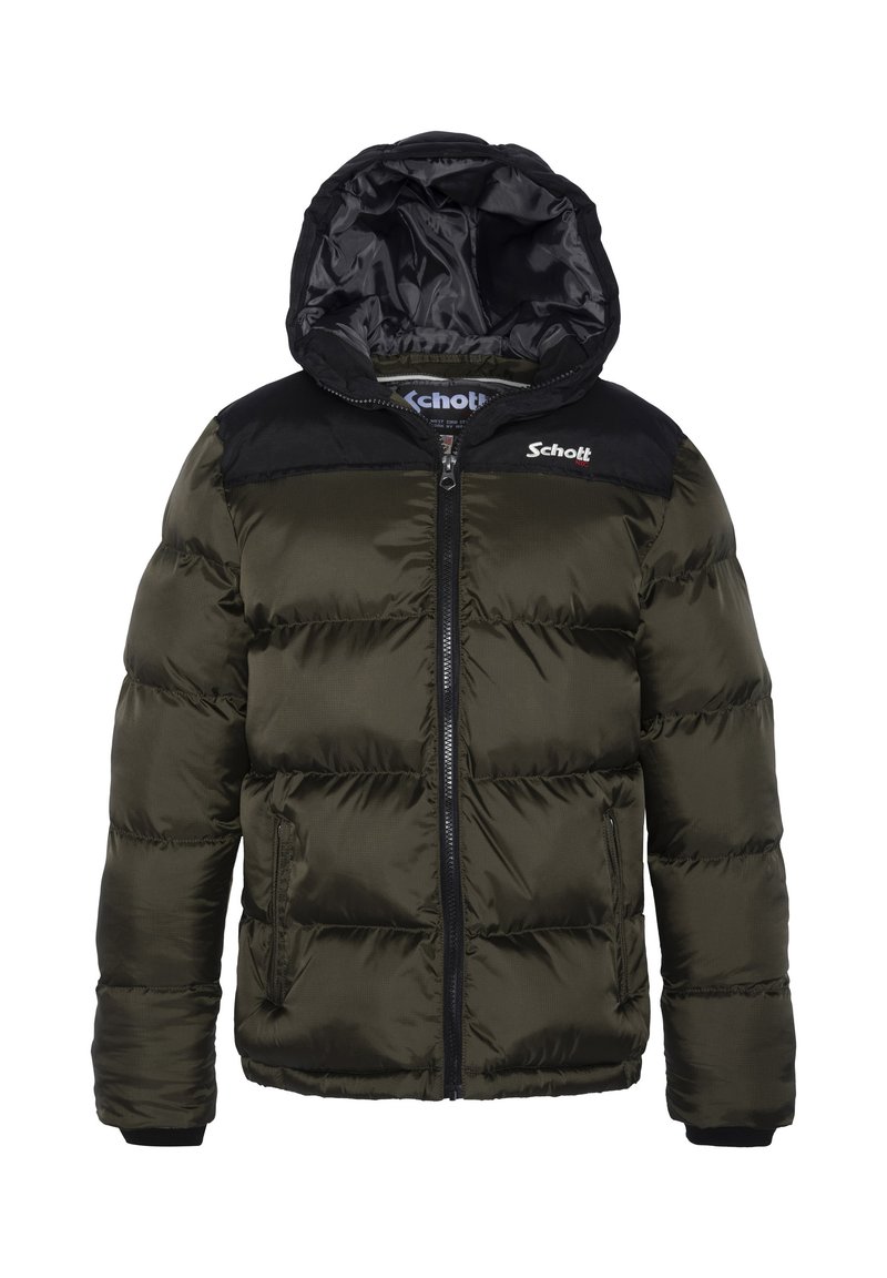 Chaqueta de plumas verde oliva con capucha y hombros negros, que presenta un cierre frontal y puños acanalados. La tela parece brillante y texturizada.