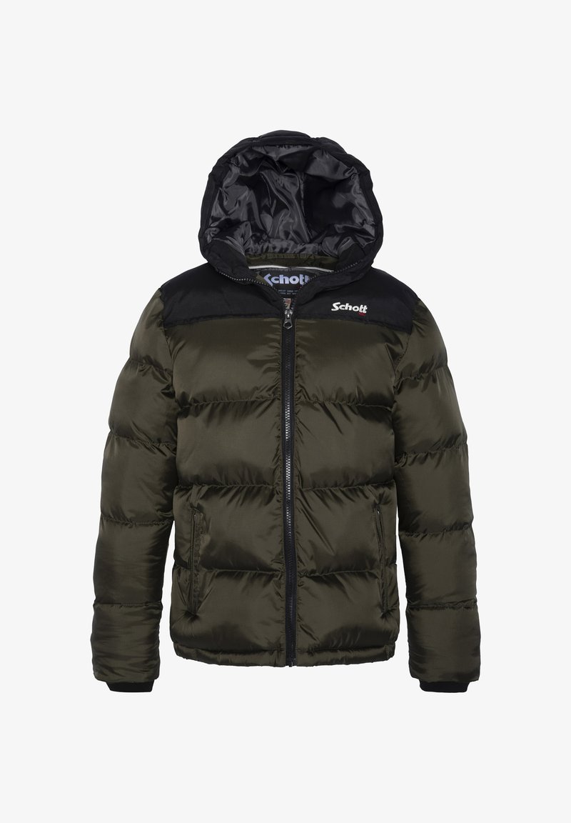 Chaqueta de plumas verde oliva con capucha y hombros negros, que presenta un cierre frontal y puños acanalados. La tela parece brillante y texturizada.