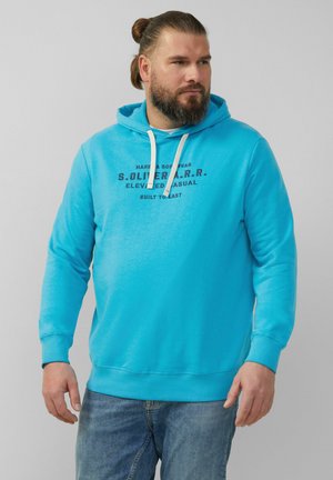 Turquoise hoodie met trekkoord, voorzien van een logo en tekst in donkerblauw op de borst. Zachte stof, ribbelmanchetten en -zoom.