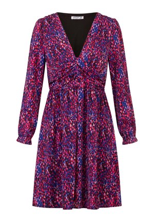 Sukienka z długim rękawem, głębokim dekoltem w serek, talią zebrana, abstrakcyjnym wzorem w czerwone, różowe i niebieskie kolory, do kolan, dopasowane mankiety.