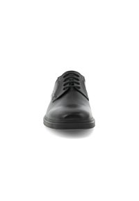 Scarpa da uomo in pelle nera con finitura liscia, punta tonda e sei fori per i lacci; presenta un design minimalista e suola in gomma.