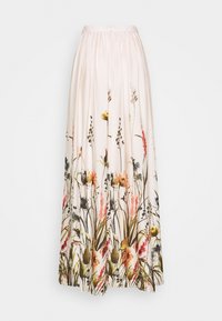 Blommig maxikjol i mjuk rosa satin, med ett gradientmönster av mångfärgade blommor och gröna växter, försedd med en rynkad midjeband och dragkedja.