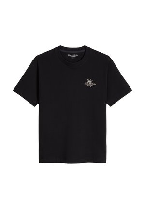 Black short-sleeve crew-neck t-shirt with small white "Marc O'Polo" logo and leaf graphic on the left chest.