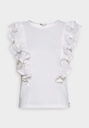 Biała bezrękawnikowa bluzka z teksturowanymi falbankami wzdłuż ramion i boków, z okrągłym dekoltem.